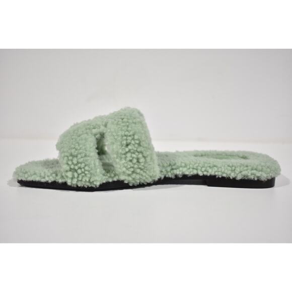 Hermes Oran Teddy Shearling Fur Green H Logo Slide Sandal Mule Flat Flip Flop 42 - Picture 8 of 12